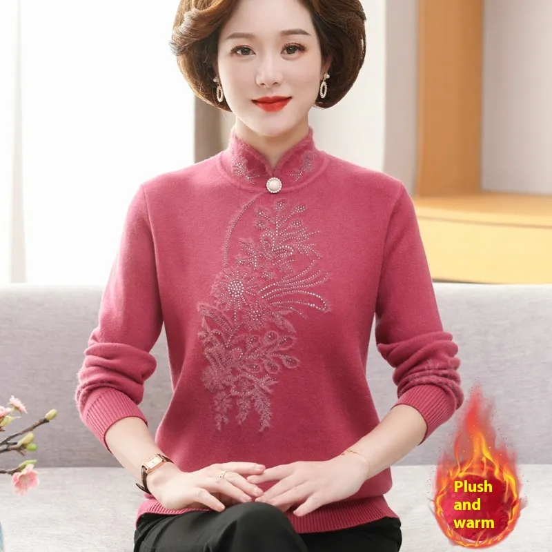 Autumn And Winter Women's Knitted One-piece Velvet Sweater - Skin Red