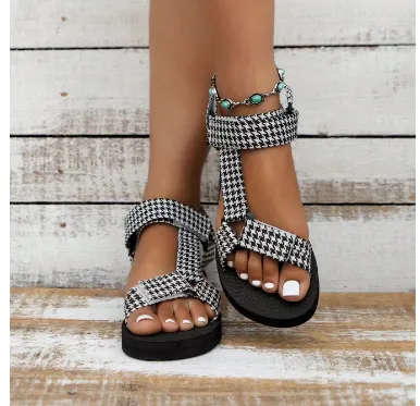 New Thin Bottom National Style Velcro Beach Sandals Houndstooth 37 - Shop at LoveMi