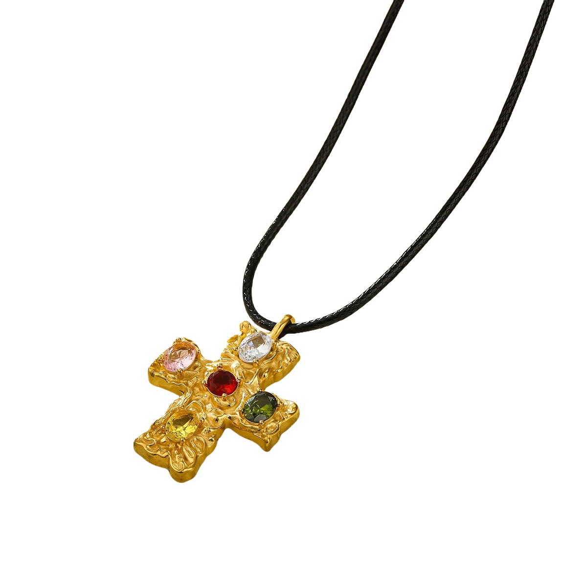 All-Match 18K Gold Titanium Steel Hammer Cross Color Zircon Stainless Steel Necklace