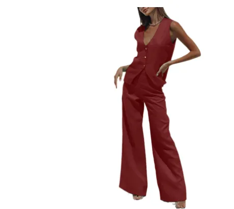 Fashion Casual Women's Cotton And Linen Trousers Suit Two-piece Set - Wine Red