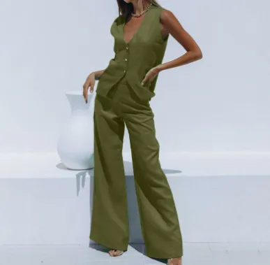 Fashion Casual Women's Cotton And Linen Trousers Suit Two piece Set Army Green - Shop at LoveMi