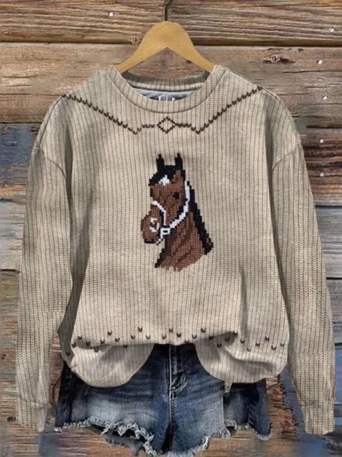 Thick Needle Fabric Printed Crew Neck Sweatshirt Top - Horse