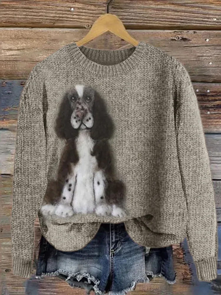 Thick Needle Fabric Printed Crew Neck Sweatshirt Top - Dog-L