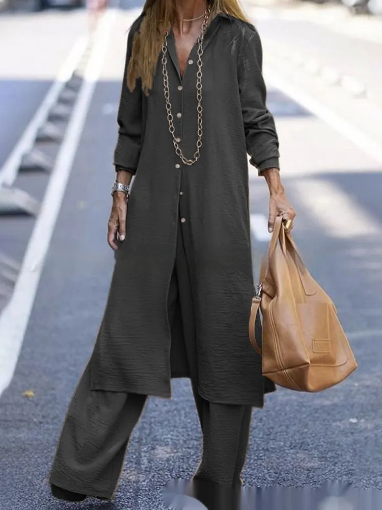 Mid-length Solid Colour Cotton And Linen Shirt Skirt Plus Casual Pants - Black