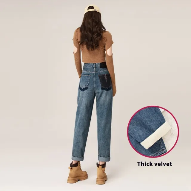 Autumn And Winter High Waist Harem Jeans Women Retro Blue Thick Fleece - Shop at LoveMi