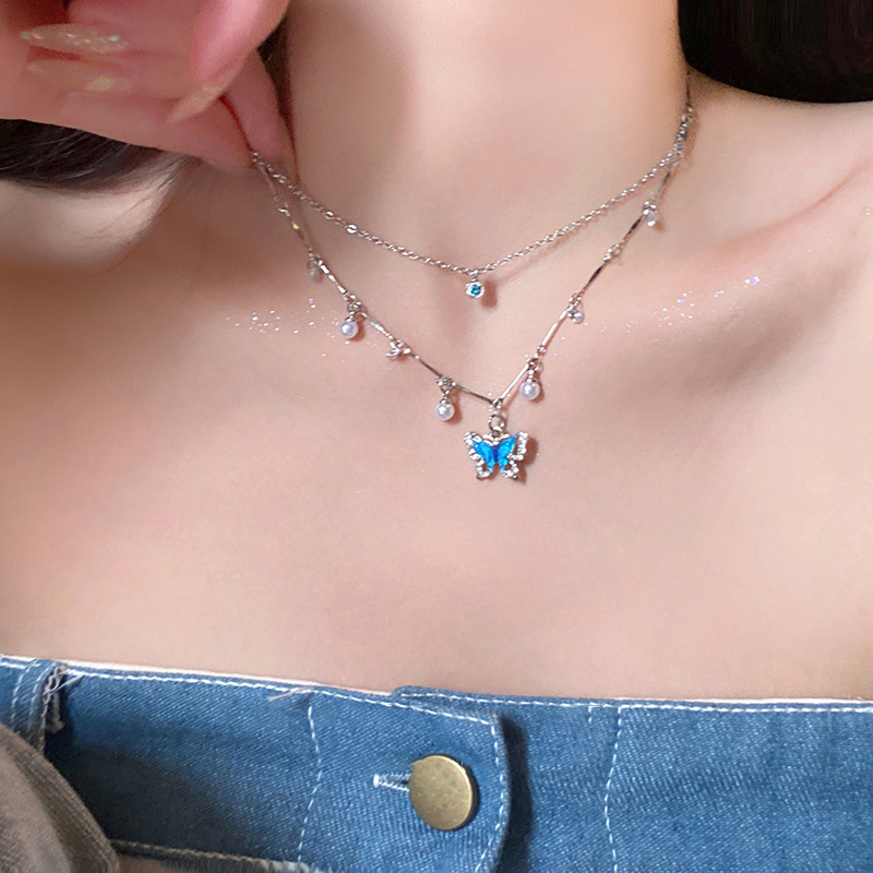 Navy Blue Pearl Butterfly Necklace For Women