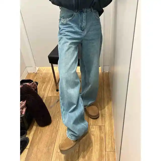 Straight Jeans Women's Retro Loose Plus Size High Waist Wide Leg Pants Blue - Shop at LoveMi