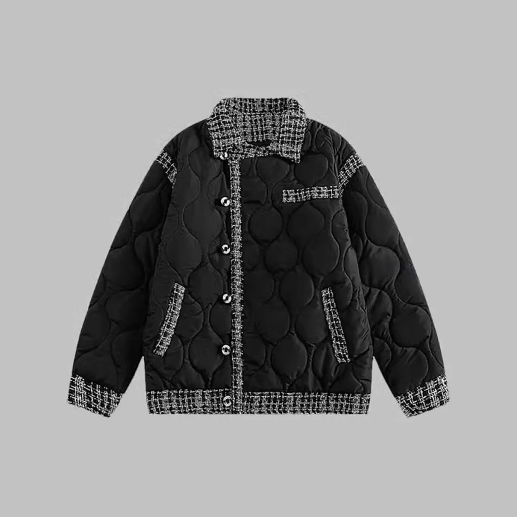 Gourd Grid Stitching Classic Style Cotton-padded Coat - Black