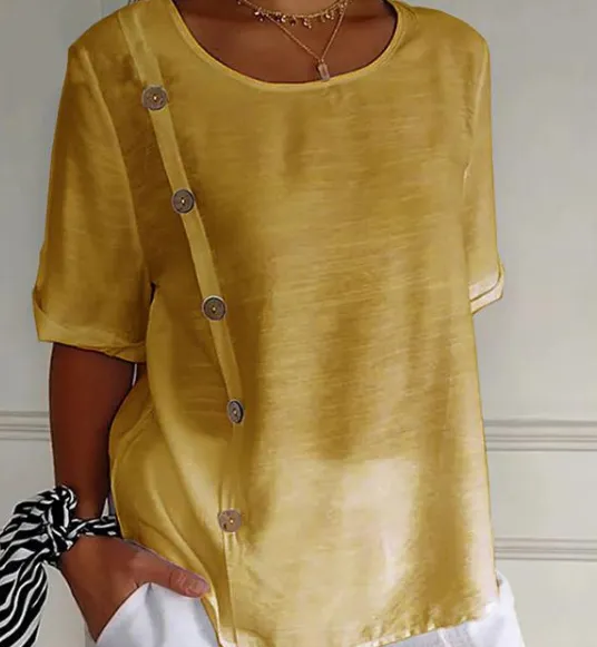 Casual Cotton And Linen Style Shirt Single Row Button Top Women's European And American Yellow - Shop at LoveMi