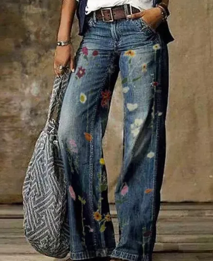 Plus Size Women's Artistic Floral Pattern Pants - No1