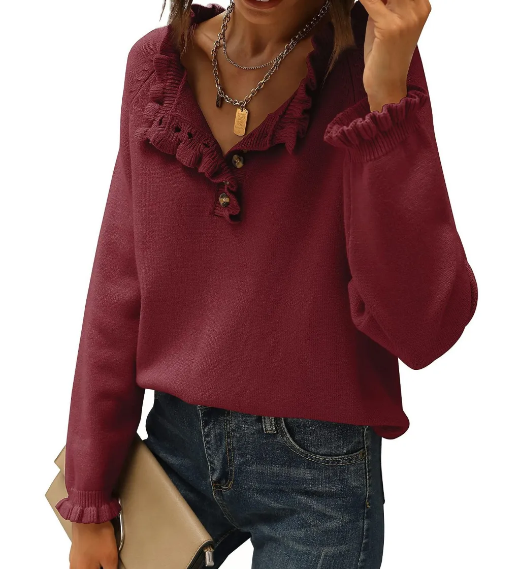 Women's Knitting New Casual Long-sleeved Ruffle Pullover Female - Wine Red