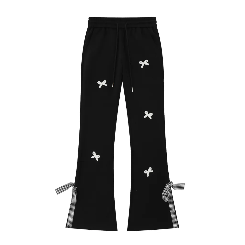 Women's Bow Embroidered Strap Sweatpants - Black
