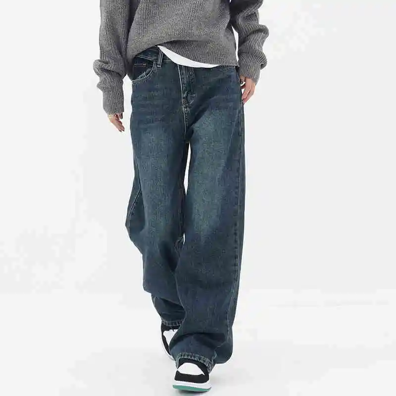 Retro Blue Jeans Women's Gradient High Waist Straight Casual Pants - Dark Blue