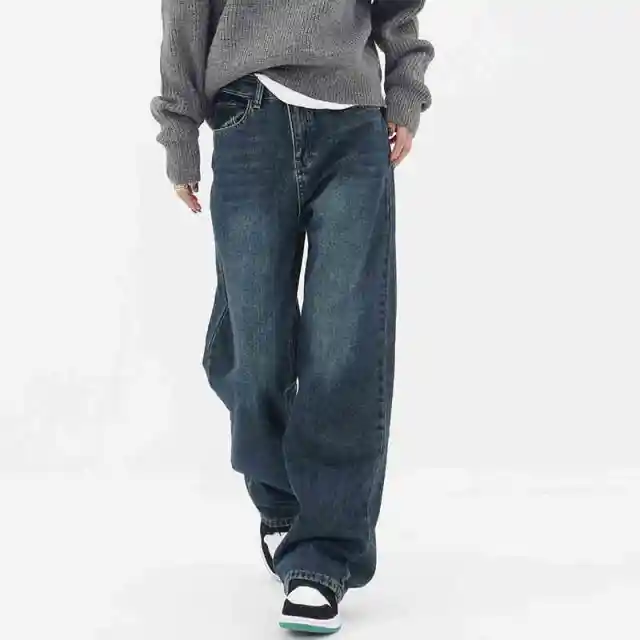 Retro Blue Jeans Women's Gradient High Waist Straight Casual Pants Dark Blue - Shop at LoveMi