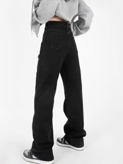 Plus Size Straight Black Jeans High Waist Wide Leg Pants - Black - View 1