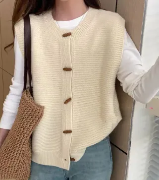 Horn Button Knitted Coat Sleeveless Vest For Women Beige - Shop at LoveMi