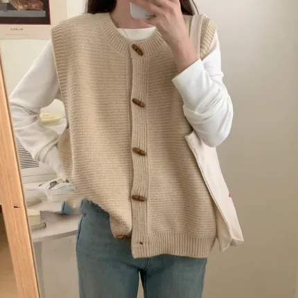 Horn Button Knitted Coat Sleeveless Vest For Women Wheat - Shop at LoveMi