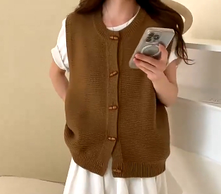 Title 3, Horn Button Knitted Coat Sleeveless Vest For Women