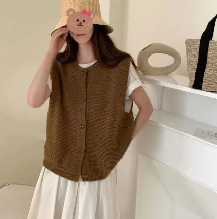 Horn Button Knitted Coat Sleeveless Vest For Women Brown - Shop at LoveMi