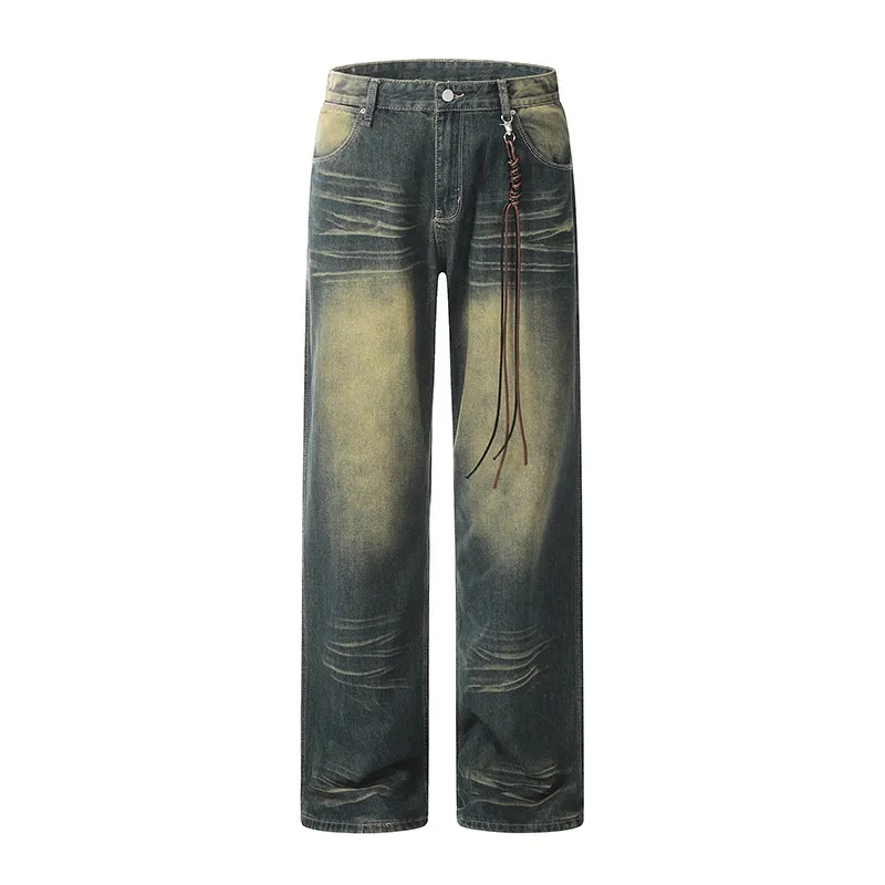 American-style Retro Micro-pull Design Jeans Men's Fashion Brand Straight-leg Trousers Women's - Blue Washed Yellow