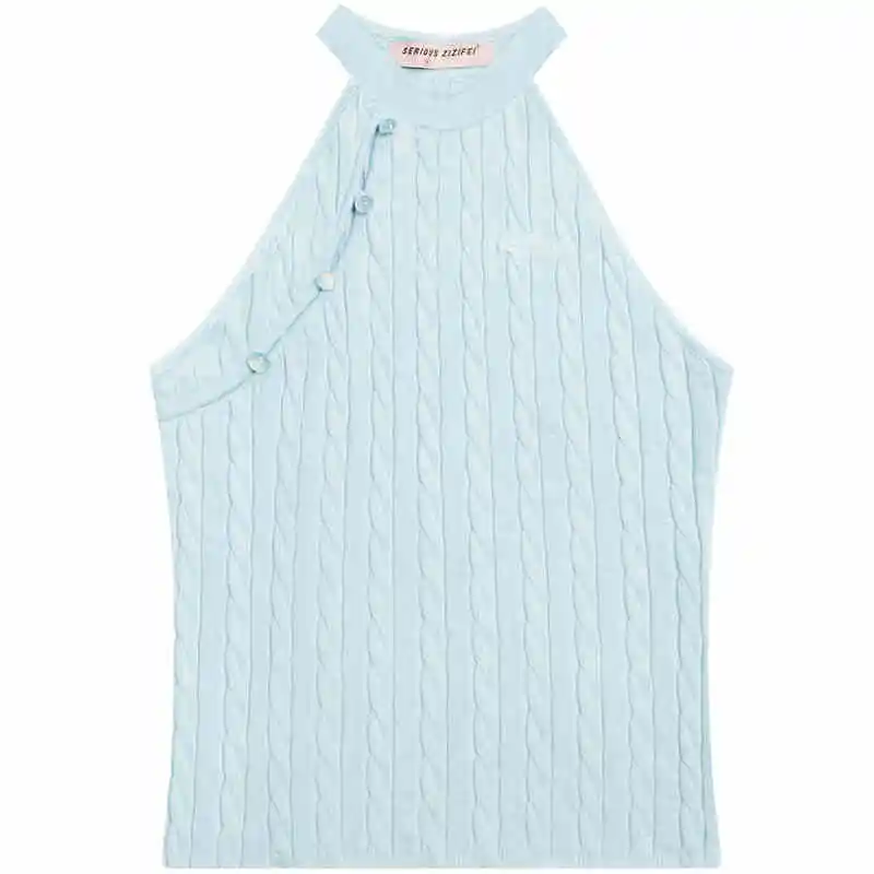 Sleeveless Top Oblique Placket Halter Knitted Vest - Blue