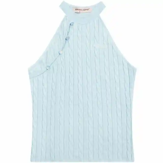 Sleeveless Top Oblique Placket Halter Knitted Vest Blue - Shop at LoveMi