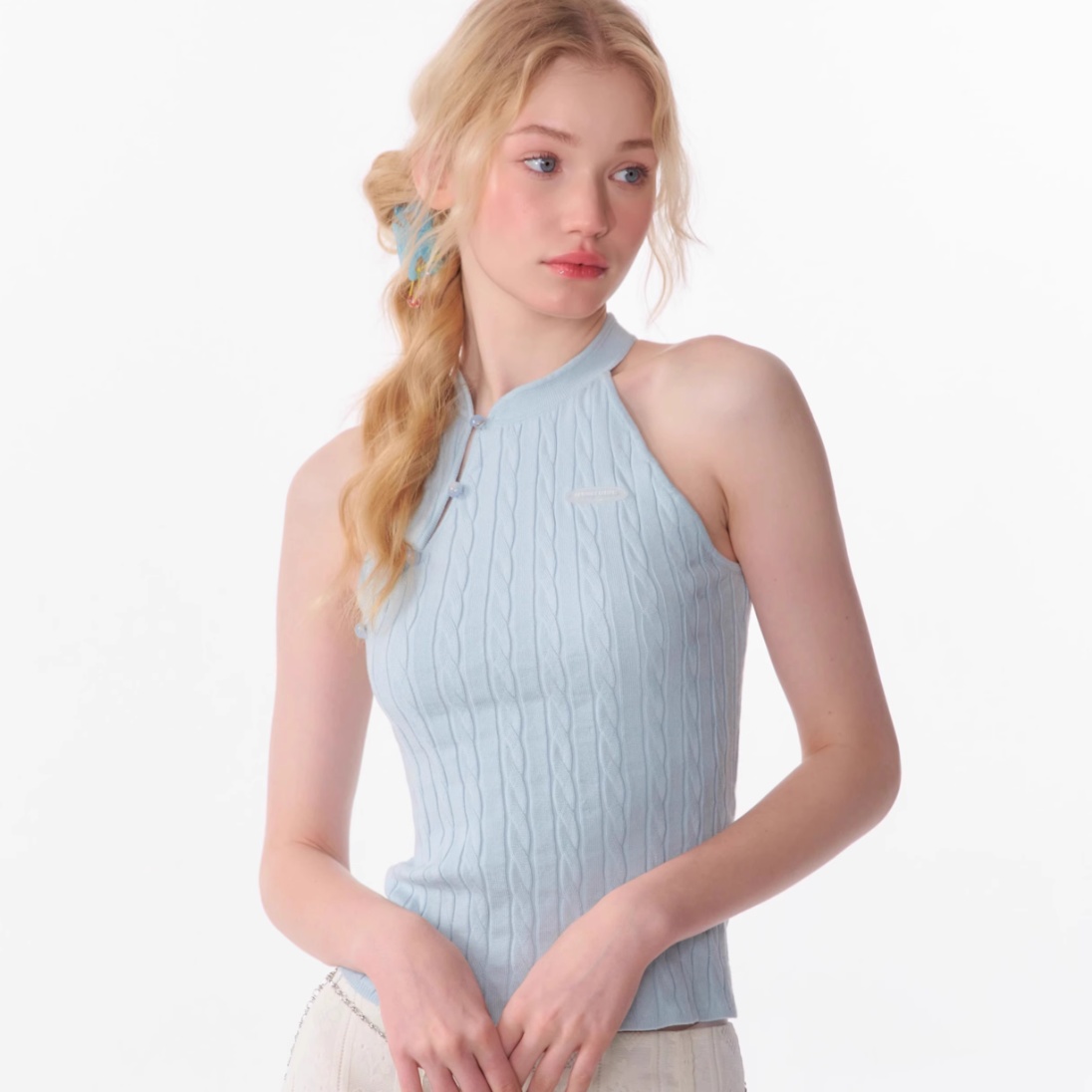 Sleeveless Top Oblique Placket Halter Knitted Vest