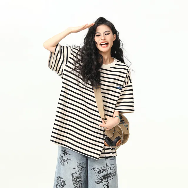 Retro 300g Heavy Striped Short sleeved T shirt Apricot - Shop at LoveMi