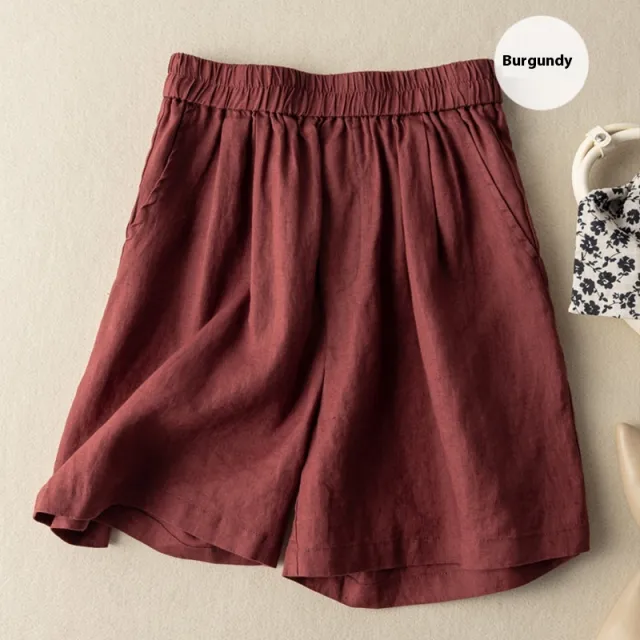 Women's Cotton And Linen Thin Wide leg Short Casual Pants Wine - Shop at LoveMi
