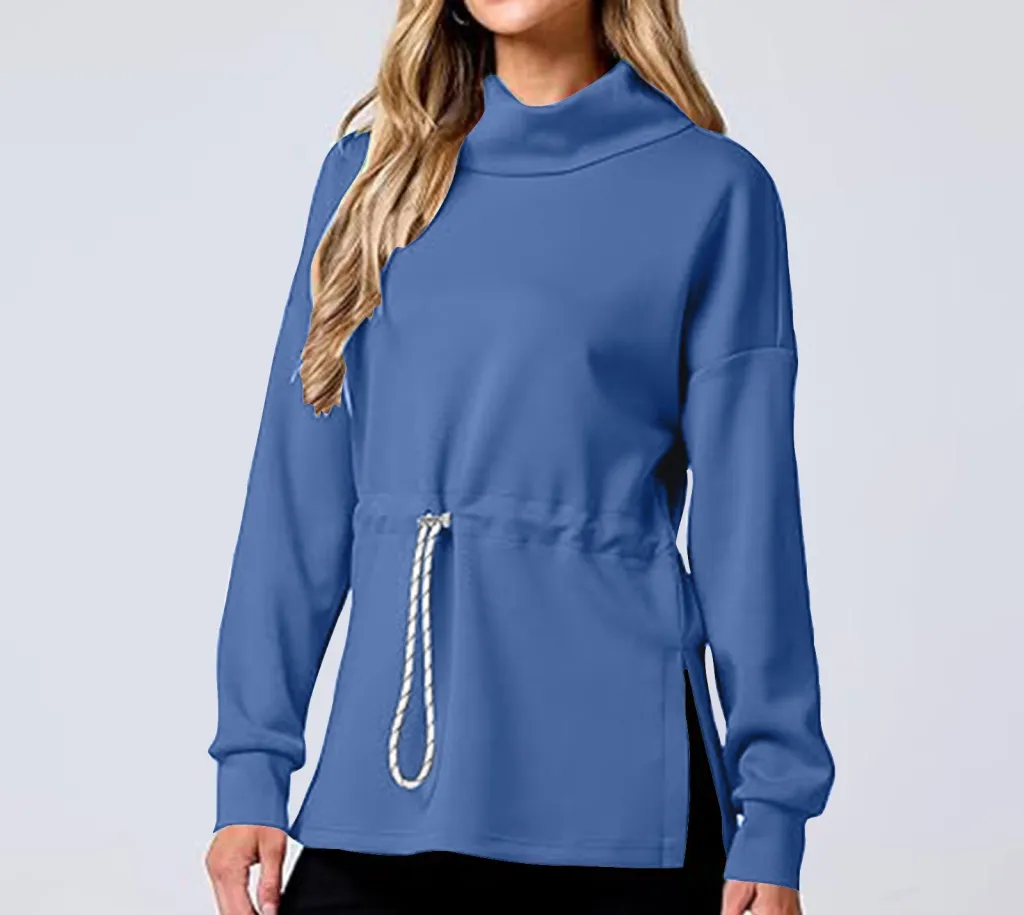 Drawstring Waist-tight Sweater Mid-length Women's - Blue