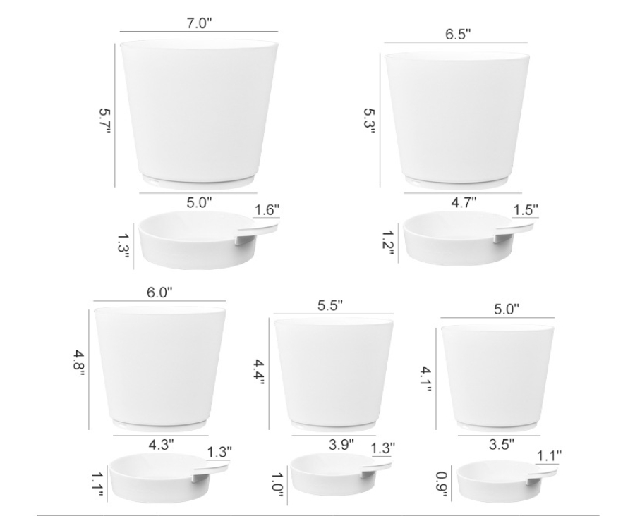 Dimensions of self watering flower pots with detailed inch measurements