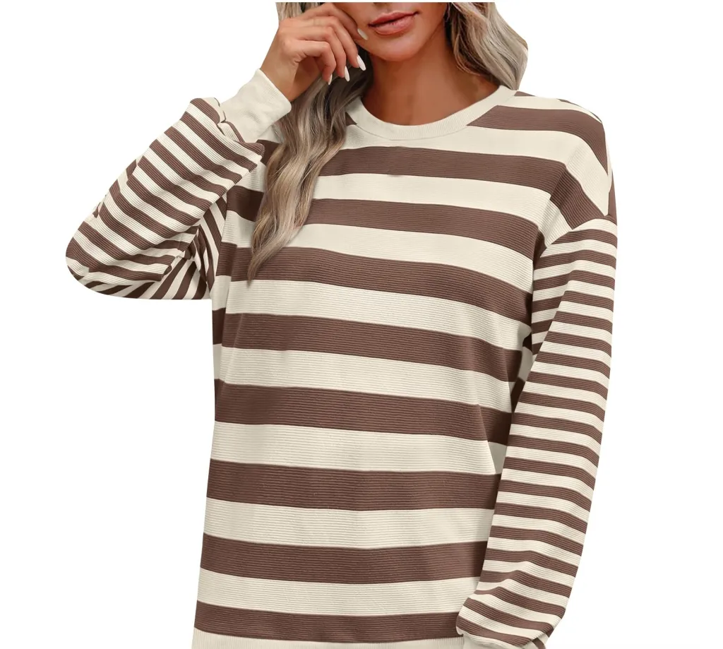 Striped Round Neck Contrast Color Loose Long Sleeve Sweatershirt Women - Khaki Stripe