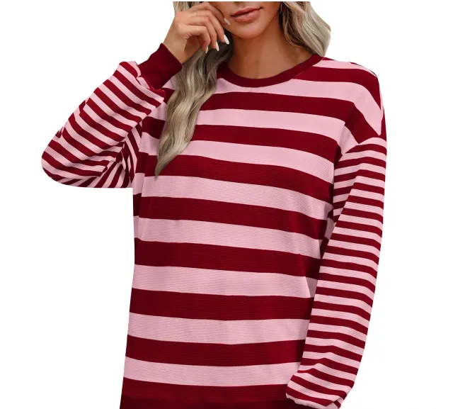 Striped Round Neck Contrast Color Loose Long Sleeve Sweatershirt Women Pink Stripes - Shop at LoveMi