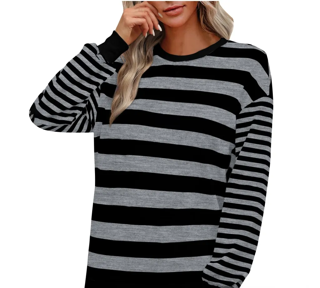 Striped Round Neck Contrast Color Loose Long Sleeve Sweatershirt Women - Gray