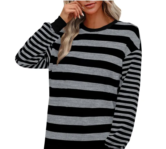 Striped Round Neck Contrast Color Loose Long Sleeve Sweatershirt Women Gray - Shop at LoveMi