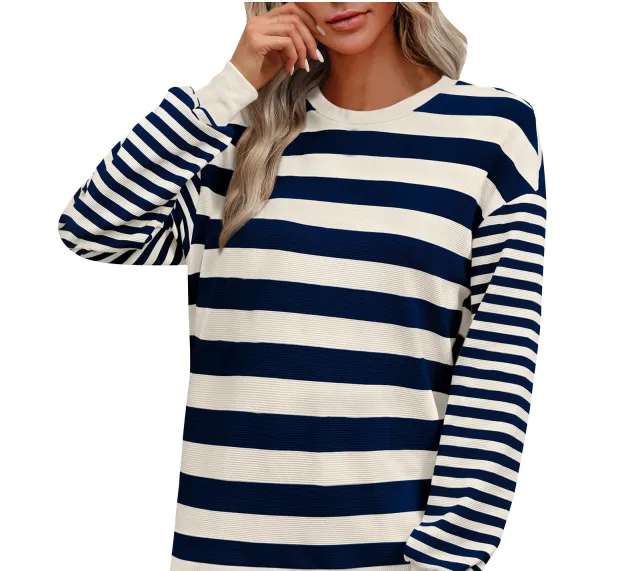 Striped Round Neck Contrast Color Loose Long Sleeve Sweatershirt Women Navy Blue Stripes - Shop at LoveMi