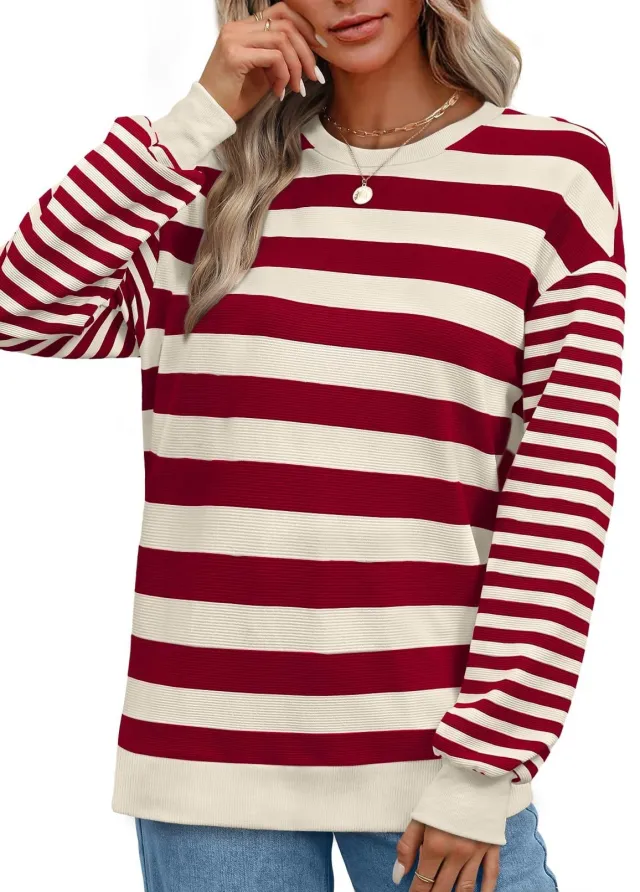 Striped Round Neck Contrast Color Loose Long Sleeve Sweatershirt Women Red And White Stripes - Shop at LoveMi