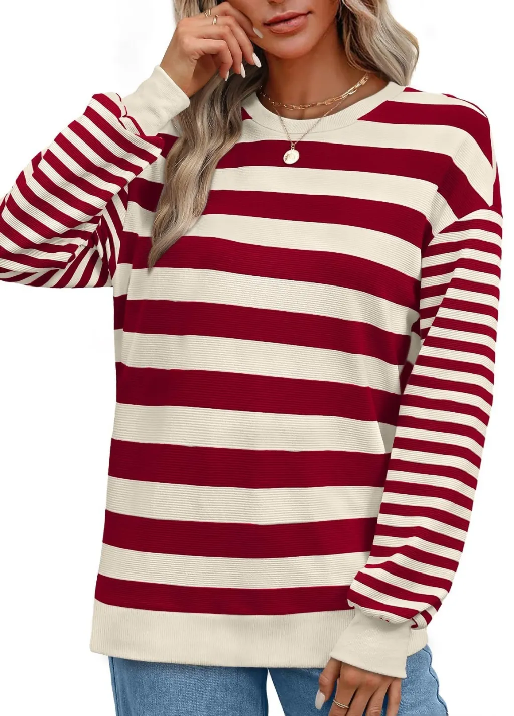 Striped Round Neck Contrast Color Loose Long Sleeve Sweatershirt Women - Red And White Stripes