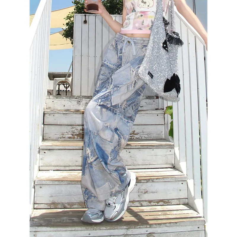 Vintage Oil Painting Printed Drawstring Jeans High Waist Loose Wide Leg Pants - Blue