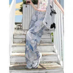 Vintage Oil Painting Printed Drawstring Jeans High Waist Loose Wide Leg Pants - Blue - View 1