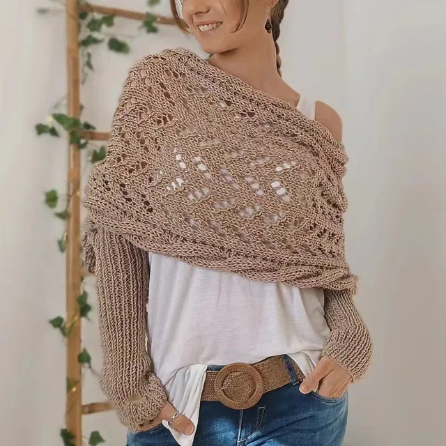 Autumn And Winter Warm Knitted Shawl Women's Hollowed out Double Sleeve Shawl Collar Fashion Natural For Home And Party Camel - Shop at LoveMi