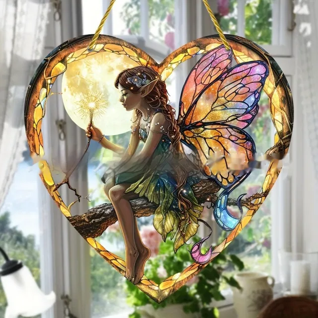 Acrylic Heart shaped Wall Hanging Stained Glass Effect Home Garden Decoration Elf 01 - Shop at LoveMi