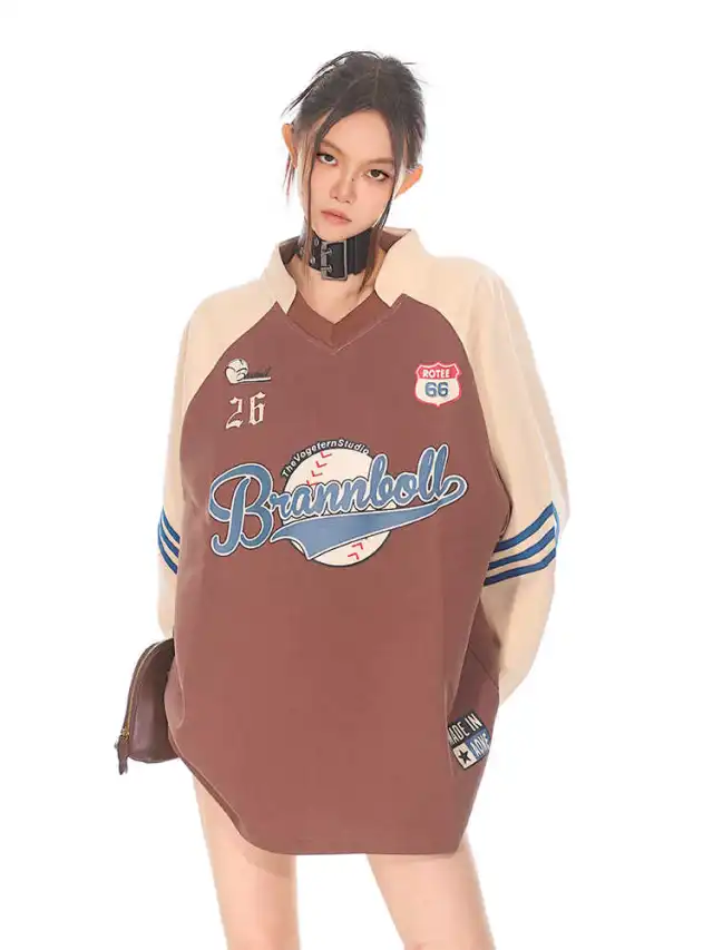 American Sports Style Baseball Vintage Print College V neck Sweatshirt Female Coffee - Shop at LoveMi