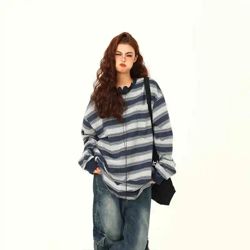 Vintage Stripe Long-sleeved T-shirt Women's Casual Bottoming Shirt Top - Gray Blue