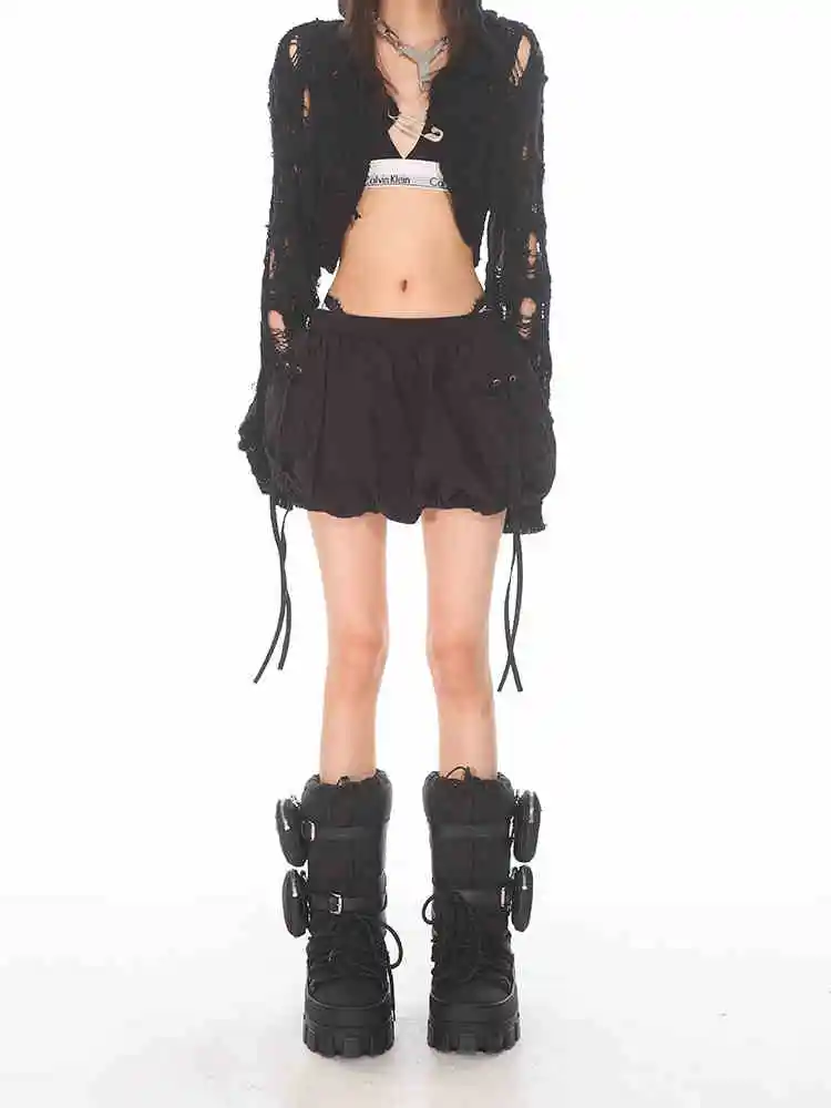 Elastic Drawstring Skirt Women's Overalls Pocket Skirt - Black