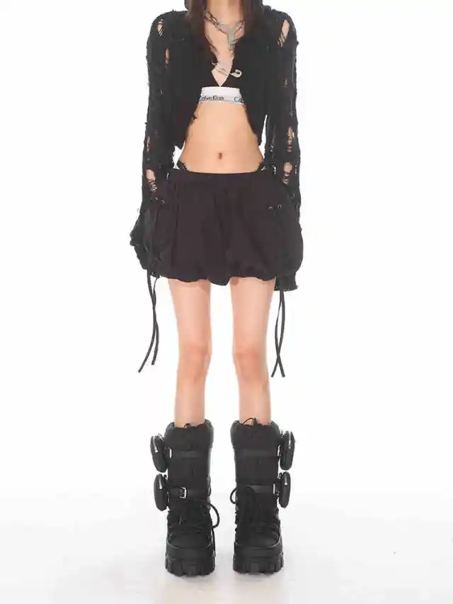 Elastic Drawstring Skirt Women's Overalls Pocket Skirt Black - Shop at LoveMi