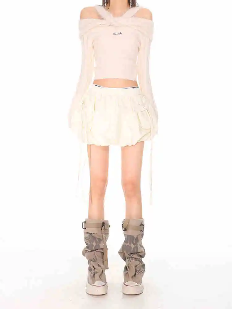 Elastic Drawstring Skirt Women's Overalls Pocket Skirt - Apricot