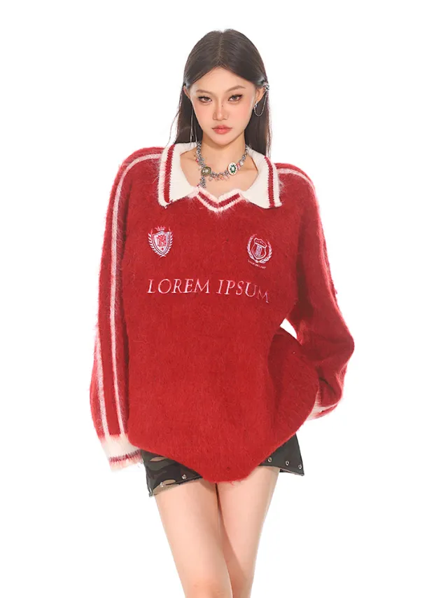 Sports Design Plush Knitted Sweater Top Lapel Sweater Red - Shop at LoveMi