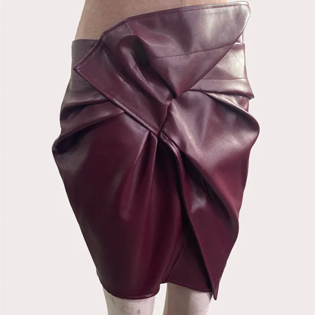 Faux Leather Cross Pleated Skirt Red - Shop at LoveMi