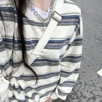 Japanese Style Milky White Striped Sweater Couple Idle Style Mid-length - Spring And Autumn Common Style